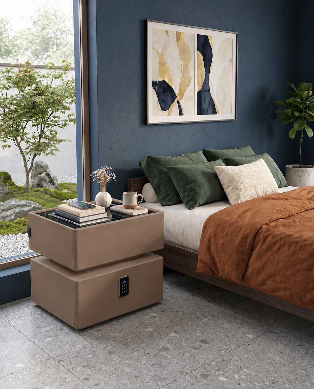 Modern Nightstand with wireless changing and lock(Brown)