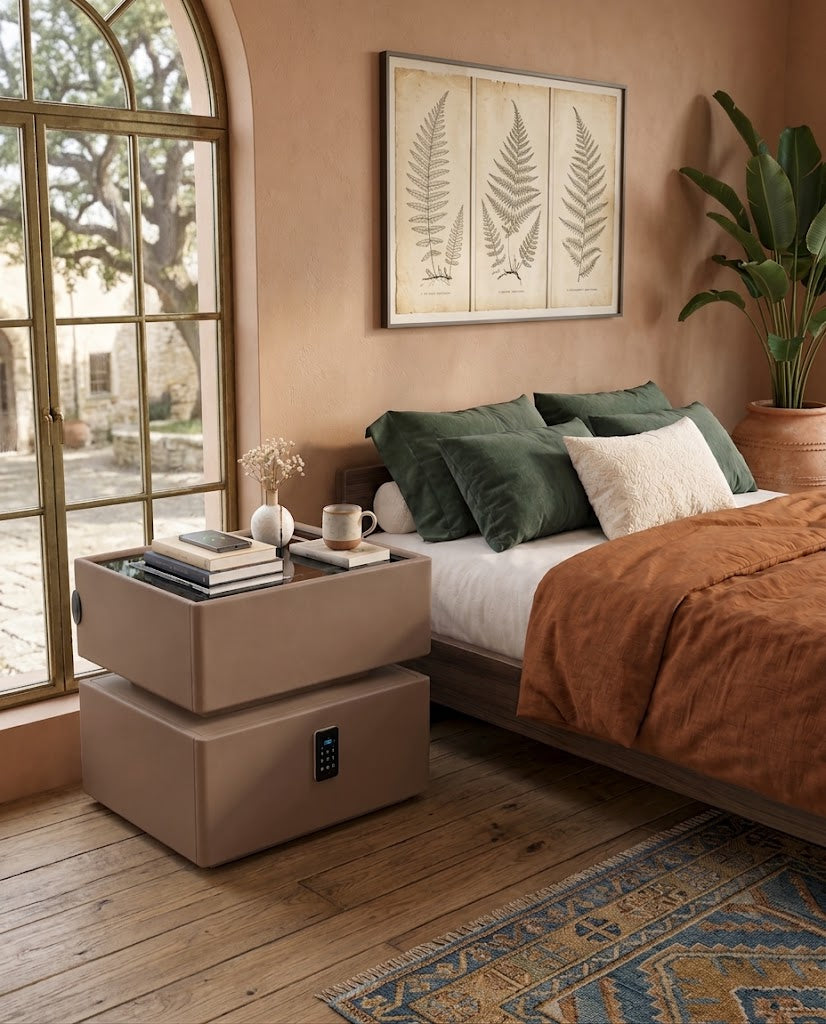 Modern Nightstand with wireless changing and lock(Brown)