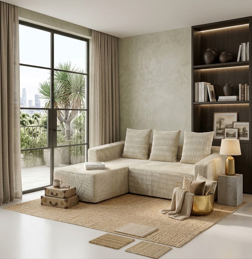 GAIA HOME 240cm Compressed L-Shaped Sectional Sofa – Modern Convertible Beige Fabric Couch with Chaise Lounge for Living Room (240 x 150 x 60 cm)