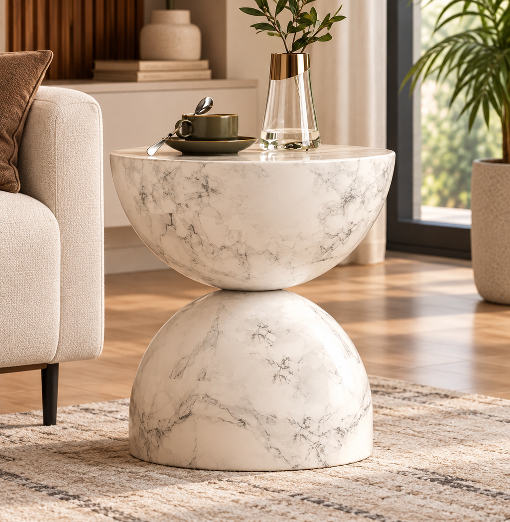 Unique White Marble Hourglass Side Table – Modern Sculptural Accent Table for Living Room, Bedroom & Lounge