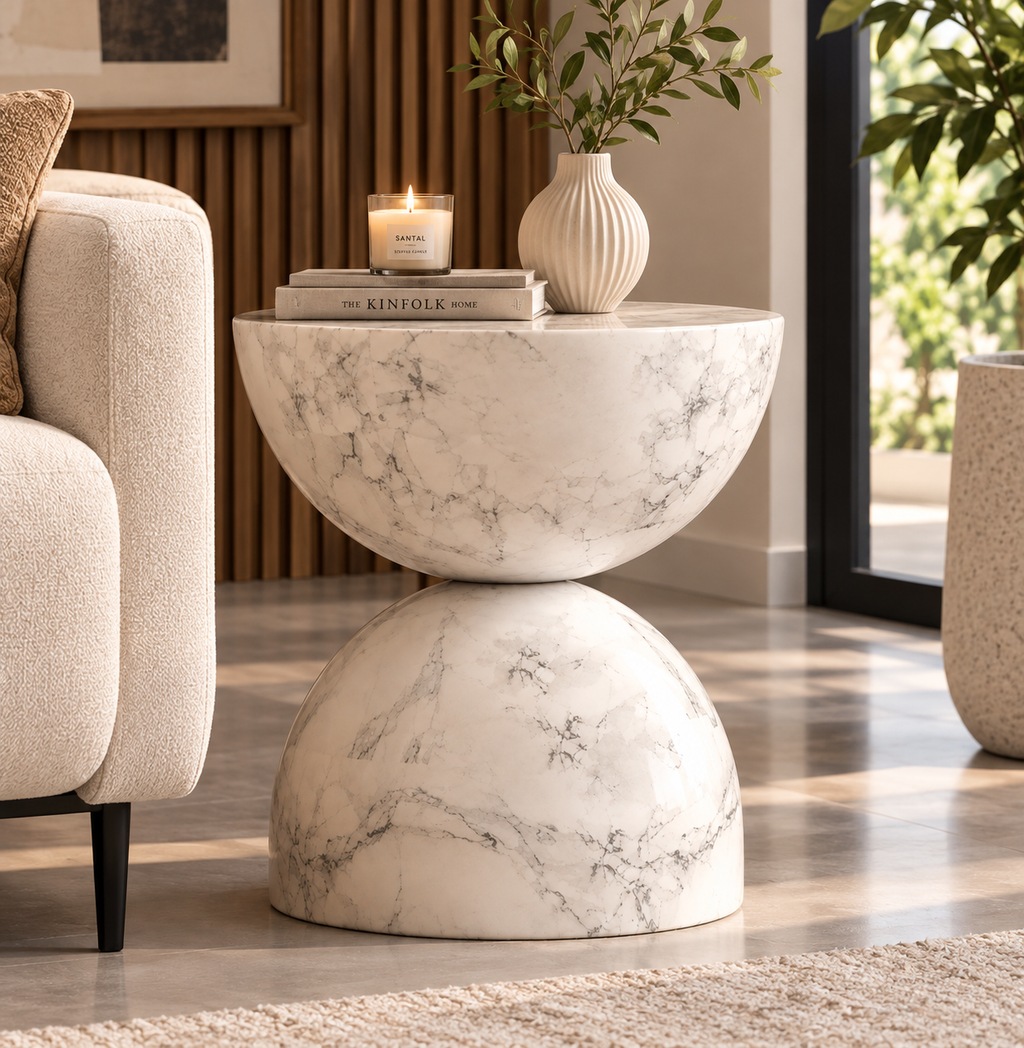 Unique White Marble Hourglass Side Table – Modern Sculptural Accent Table for Living Room, Bedroom & Lounge