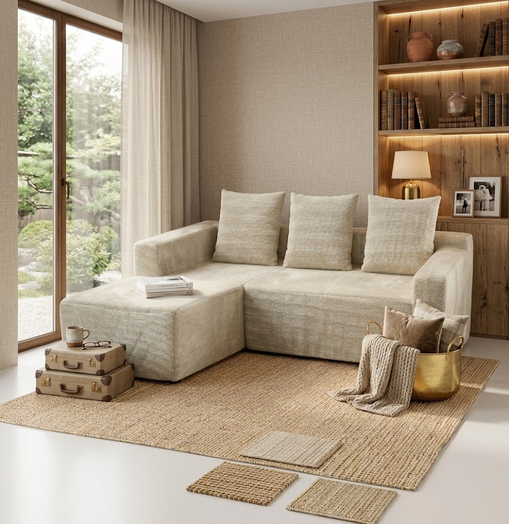 GAIA HOME 240cm Compressed L-Shaped Sectional Sofa – Modern Convertible Beige Fabric Couch with Chaise Lounge for Living Room (240 x 150 x 60 cm)
